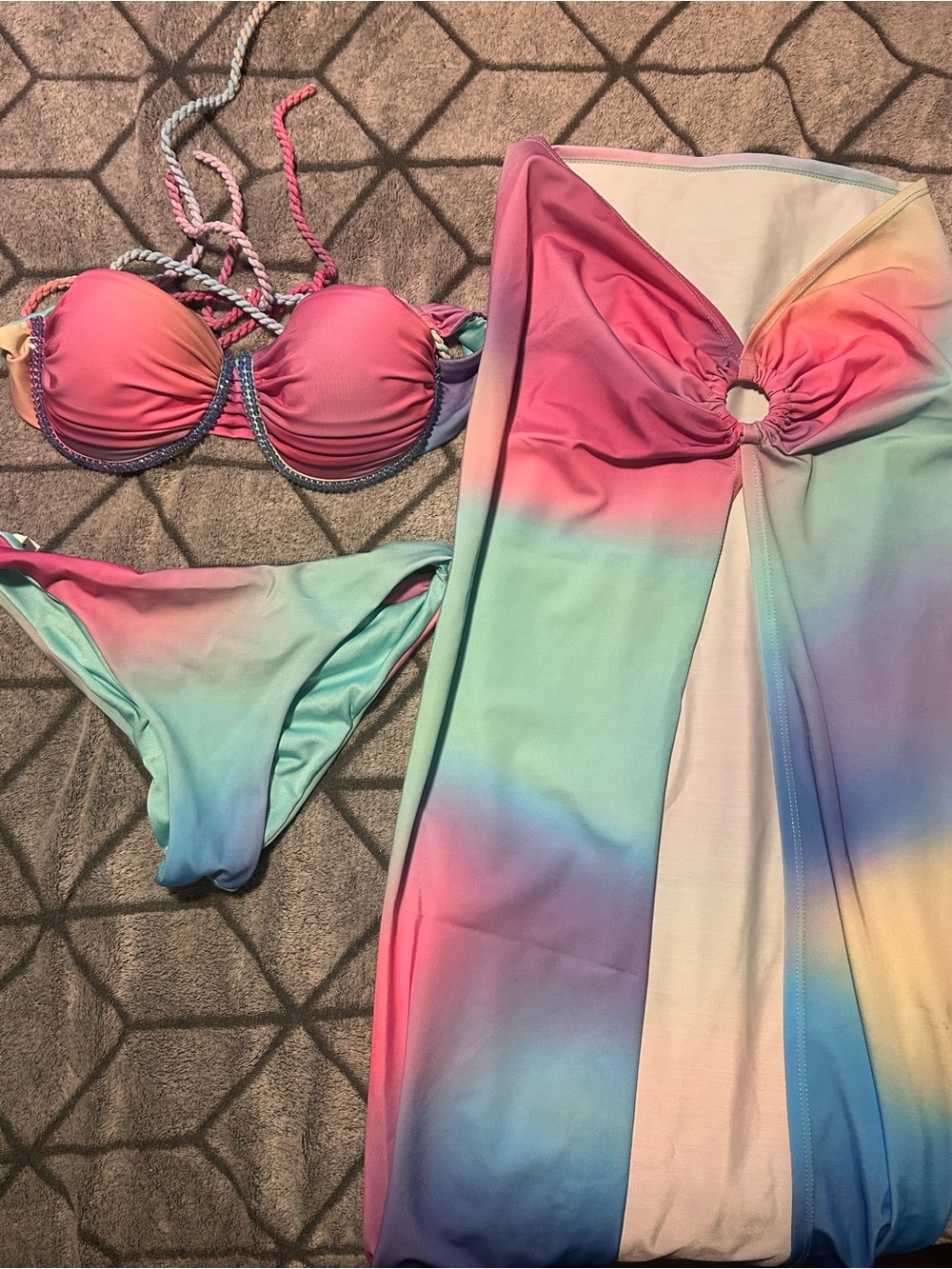 Tie-Dye Pastel Bikini Set with Beach Cover-Up - Pink & Aqua